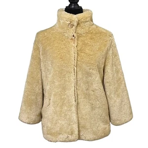 Tulle Camel Gold Retro Soft Vegan Faux Fur Coat Hidden Buttons Size Medium - Picture 1 of 6