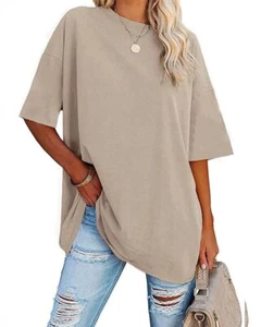 Womens Oversized T Shirts Tees Half Sleeve Crew Neck Cotton Tunic Tops - Picture 1 of 5