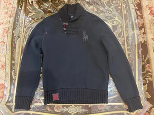 RarePolo Ralph Lauren Sweater Men Medium Black Shawl Collar Pullover Elbow Patch - Picture 1 of 17