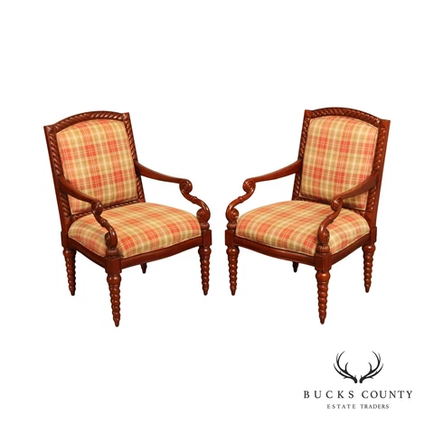 Bombay Company Pair Custom Plaid Upholstered Armchairs Cover