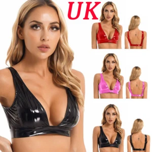 UK Womens Wet Look Patent Leather Push Up Unlined Bra V-neck Crop Top Lingeries - Picture 1 of 45