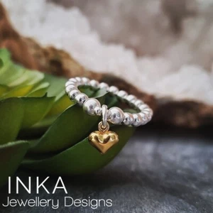 925 Sterling Silver Yellow Gold Heart Charm Thumb Ring Stacker Ring By Inka - Picture 1 of 7