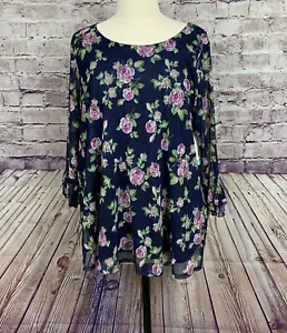 Blusa Papermoon para mujer talla 1X rosa marino floral manga 3/4 con volantes forrada transparente - Imagen 1 de 12