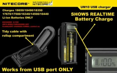 New Nitecore UM10 Micro USB Powered LCD Intelligent 18650 Li-ion Battery Charger - Image 1 of 4