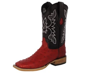 Mens Western Cowboy Boots Red Ostrich Pattern Leather Square Toe Vaquero Botas - Picture 1 of 5