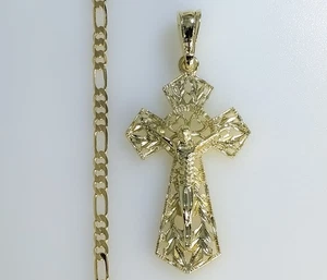 Gold Plated Cross Crucifix Pendant 3mm Chain Necklace Men Women Oro Cruz Cadena - Picture 1 of 6