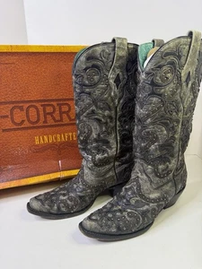 Corral Black/Gray Overlay Studded Boots Super Soft Leather COMFORTABLE sz 9M - Picture 1 of 16