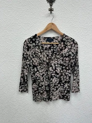 Viyella Top Size 10 Womens Floral Ruch Small 3/4 Sleeve V Neck Blouse Black Pink - Image 1 of 4