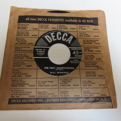 Bill Monroe "The First Whippoorwill" 45rpm Record on Decca #28045 - 1951 - Image 1 of 4