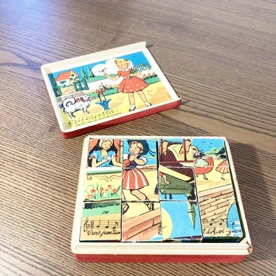 Rare Jeu de cubes vintage en bois – comptines françaises jouet ancien années 50 - Photo 1/3