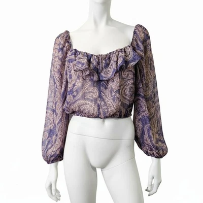 Romantic Boho Chic Paisley Crop Top Blouse | Off Shoulder Puff Sleeve Y2K Size S - Image 1 of 4