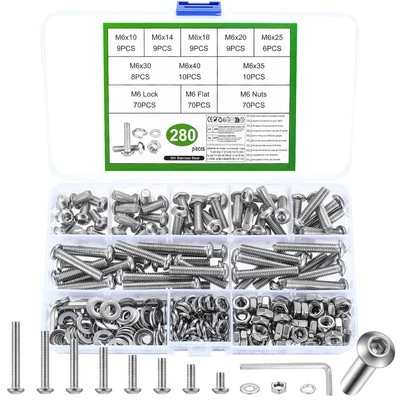 JINZEYOU 280 Pcs M6 Screws Set, M6 Bolts and Nuts Set, Assorted Nuts and Bolts Set, Hex