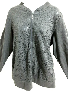 Quacker Factory NEW Woman Sweater Full Zip Up Size L Embellishments Gray 474 - Picture 1 of 12