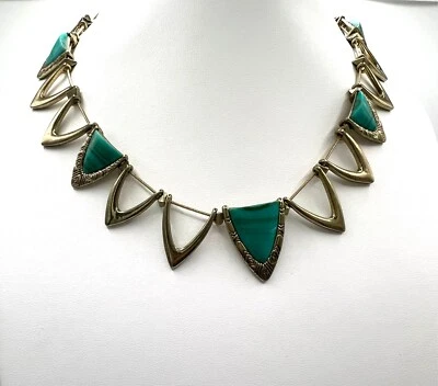 House of Harlow 1960 triangle metal links w/green stones necklace - Image 1 of 4