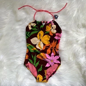 NWT Gap Kids Brown Tropical Hibiscus One Piece Swimsuit Girl’s XS 4/5 SPF 50+ UV - Picture 1 of 4