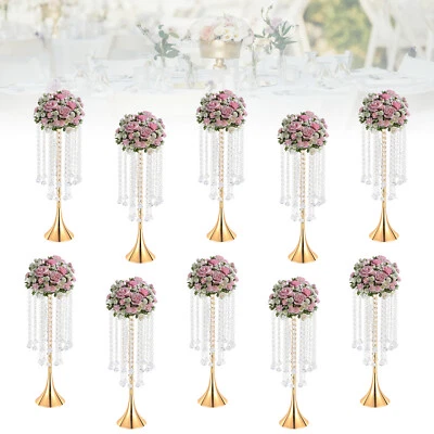 10pcs Crystal Flower Vases Golden Flower Stand Wedding Table Centerpieces Decor - Image 1 of 4