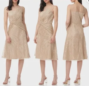 JS COLLECTIONS FAITH ILLUSIONS NECK SEQUIN CHAMPAGNE GOLD  DRESS sz 6 - Picture 1 of 3