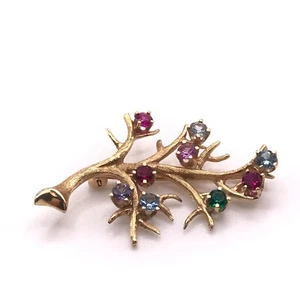 Vintage 14k Yellow Gold Multi Gemstone Tree Of Life Plant Flower Brooch Pin - Picture 1 of 9