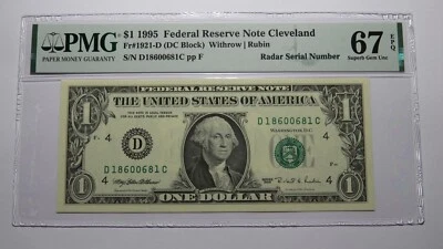 $1 1995 Radar Serial Number Federal Reserve Currency Bank Note Bill PMG UNC67EPQ - Image 1 of 2