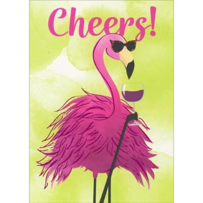 Tarjeta de cumpleaños femenina divertida para mujer tostadas de vino flamenco de papel rosa prensa A Foto 1 de 2