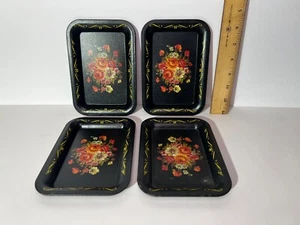 Lot Of 4 Vintage Ohio Art Tin Litho Black Floral Trays Mini - Picture 1 of 3