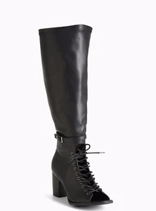 Torrid Lace Up Peep Toe Block Heel Boots Wide Width Wide Calf 6.5 Black #85019 - Picture 1 of 2