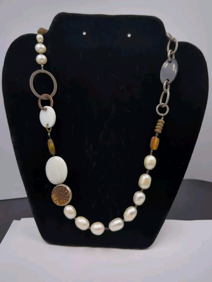 Collar de hueso de plata esterlina con concha de labios de latón cobre y perlas Silpada 24" D163 Foto 1 de 4
