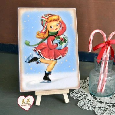Niña Patinaje sobre Hielo Invierno País de las Maravillas Navidad Placa Hecho a Mano Estante Decoración #PL-10 Foto 1 de 2