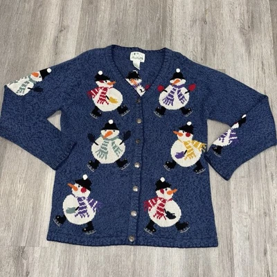 Vintage Snowman Ice skating Cardigan Size Small Ugly Christmas Sweater Button Up - Image 1 of 4