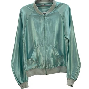American Apparel Y2K Aqua Teal Satin Bomber Jacket Small - Picture 1 of 5