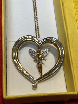 Vtg Sterling Silver, BGE, Gold Wash & CZs Tinker Bell in Heart Pendant Necklace - Изображение 1 из 4