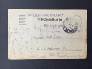 T GERMANY 1917 "TRANSENENABTEILUNG" & "MILITARPFLEGE" CACHETS ON FIELD PC POSTED - Picture 1 of 2