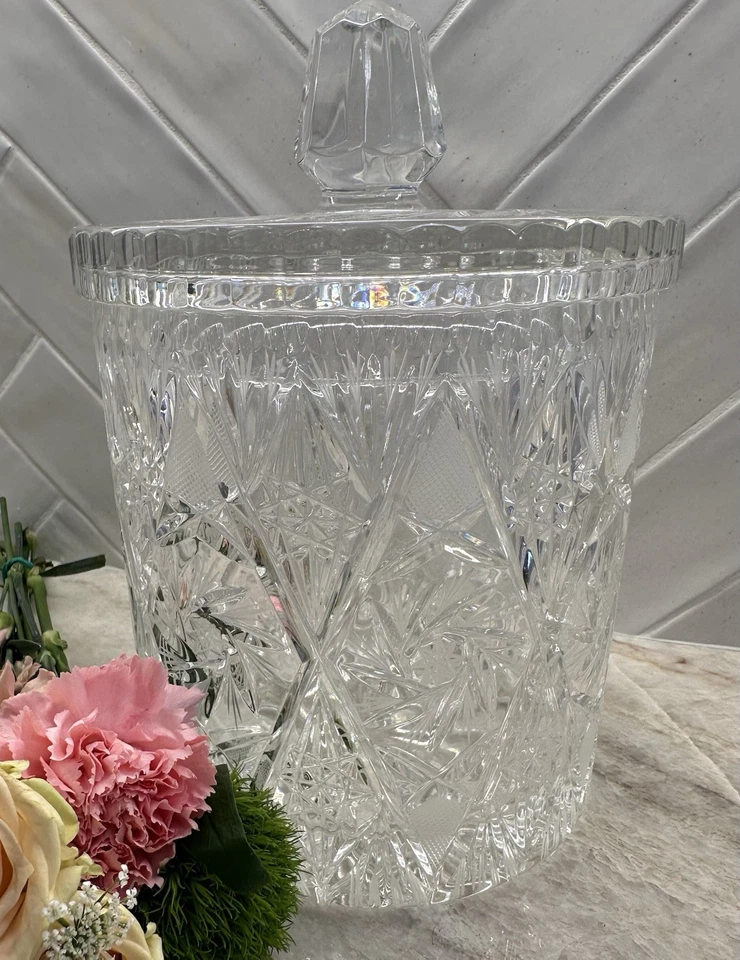 Vintage Lead Crystal Jar with lid 9”.  Elegant fine  cut design.  - Image 1 of 4