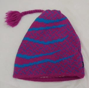 Vtg Smiley Wool Beanie Winter Hat One Size Purple Blue Made In USA Tassel - Picture 1 of 5
