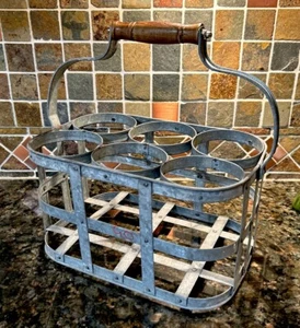 Vintage Milk Jug Galvanized Carrier With Wood Handle - Picture 1 of 16
