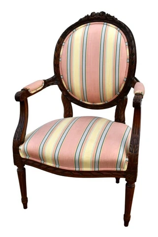 Vintage Carved Italian Stripe Open Arm Accent Chair Cover