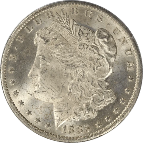 1885-O Morgan Silver Dollar S$1, PCGS MS 64 - Rattler Holder Cover