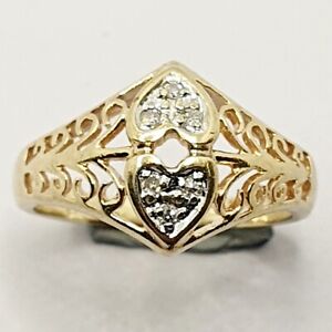 Celtic Double Heart Diamond Pinky Ring Yellow Gold 375 Small Size E 3/4 Hallmark