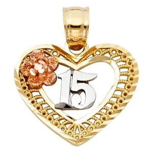 Heart 15 Anos Birthday Quinceanera Flower Charm 14K Tri Tone Gold Pendant Oro - Picture 1 of 1