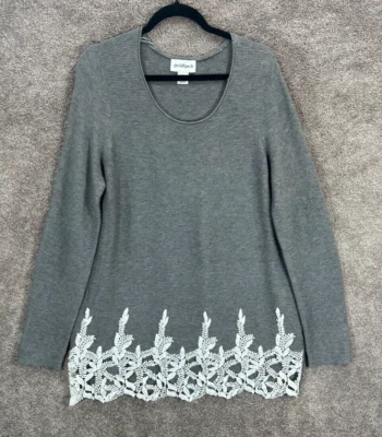 Peck & Peck Sweater Womens XL Gray Stripe Crochet Hem Rayon Blend Career Top - Image 1 of 4