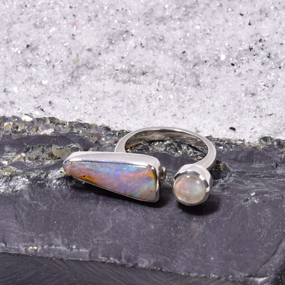 Boulder Opal Ring, 925er Silber, Edelsteinring (21126), mit Mondstein - Bild 1 von 1