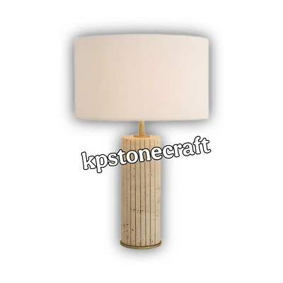 Lámpara de mesa de travertino | Pantalla Bouclé | Luz de escritorio moderna de lujo | Latón antiguo Foto 1 de 4