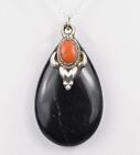 Sterling Silver Black Agate Tear Drop Pendant, Oxblood Coral, 18" Chain, 3.1g