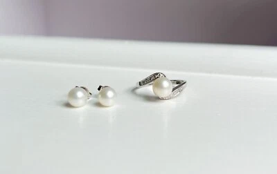 10kt White Gold Pearl Earrings and Ring Set - Image 1 of 4