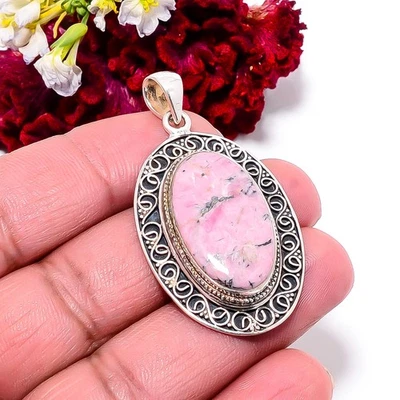 Black Manganese In Rhodonite - Colorado 925 Sterling Silver Pendant 1.95" P99549 - Image 1 of 4