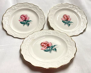 Three Vintage Gold Rim Desert Plates with Pink Rose in Center- 6" diameter - Picture 1 of 3