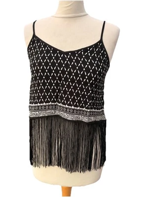 H.M Coachella Fringe Crop Top 8 Camisole Tank Top Blouse Beach Black & White - Image 1 of 4