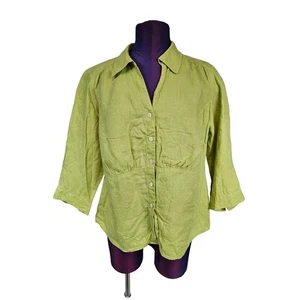 Talbots Chartreuse 100% Irish Linen Button Front Blouse Size 14W Women's E78 - Picture 1 of 7
