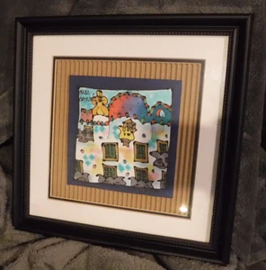 BATIK FRAMED ART WORK CAJA BARDEL - COLORFUL SPAIN BUILDINGS PICTURE - Picture 1 of 4