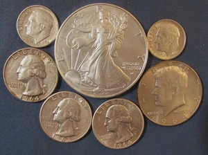 LOT 7 US SILVER COINS 2022 W EAGLE SILVER DOLLAR  1 OZ  1964 HALF $ 3 QUARTERS - Picture 1 of 3